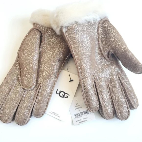 New UGG AUSTRALIA Bailey Sparkle Shearling Sheepskin Chestnut Gold Gloves NWT - Picture 3 of 4